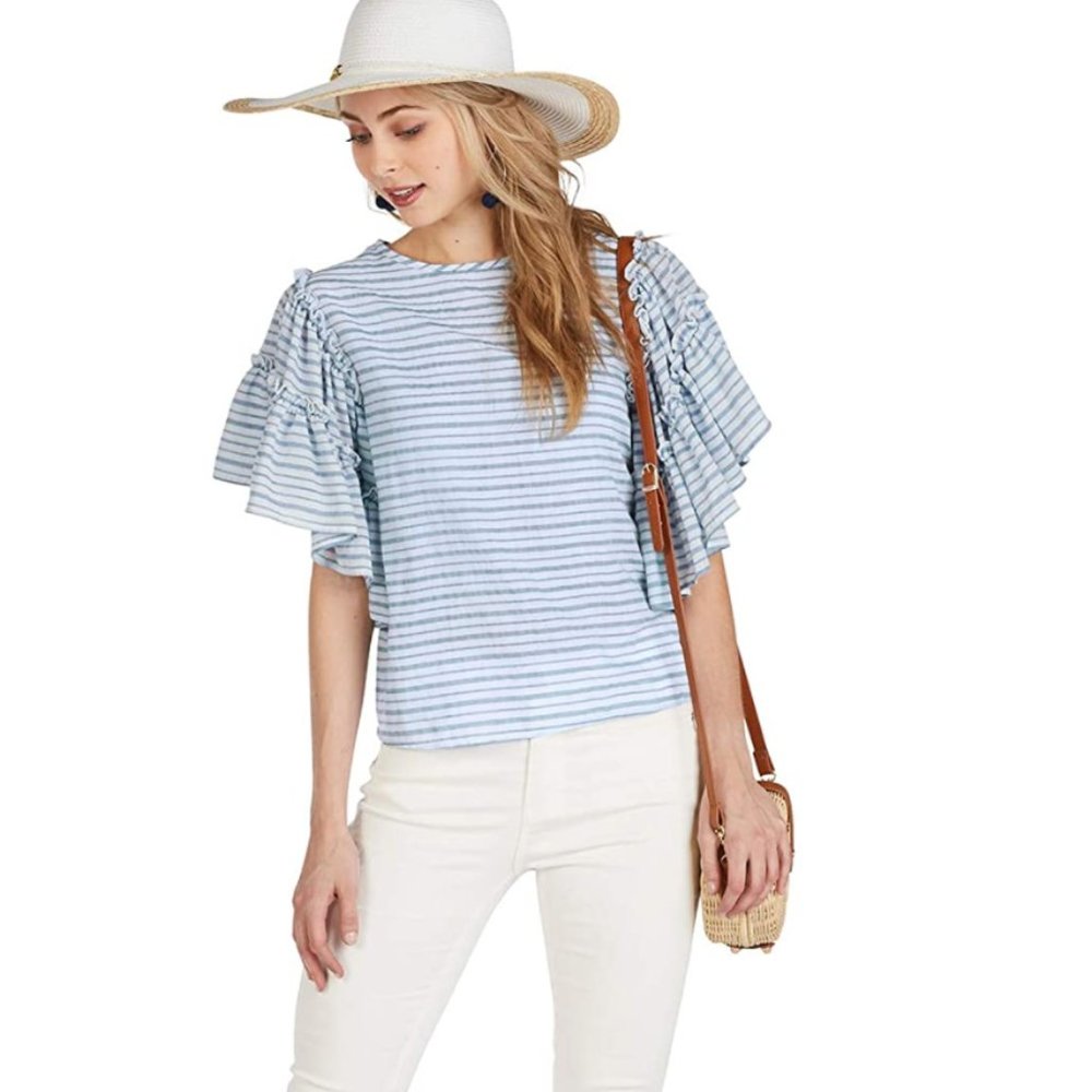 NWT Mud Pie Blue White Stripe Ruffle Sleeve Blouse